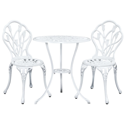 Marlook 3PC Outdoor Setting Bistro Set Chairs Table Cast Aluminum Patio Furniture Tulip White