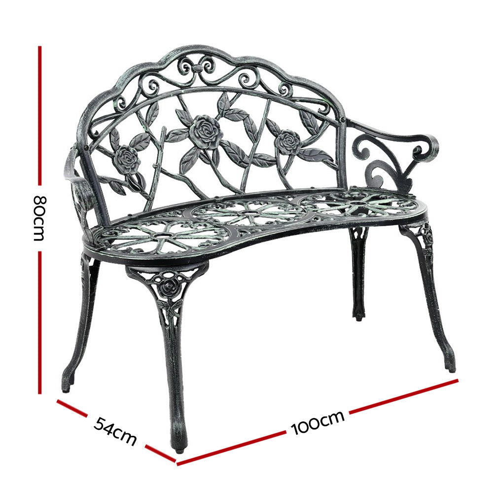 Marlook Outdoor Garden Bench Seat 100cm Cast Aluminium Patio Chair Vintage Green