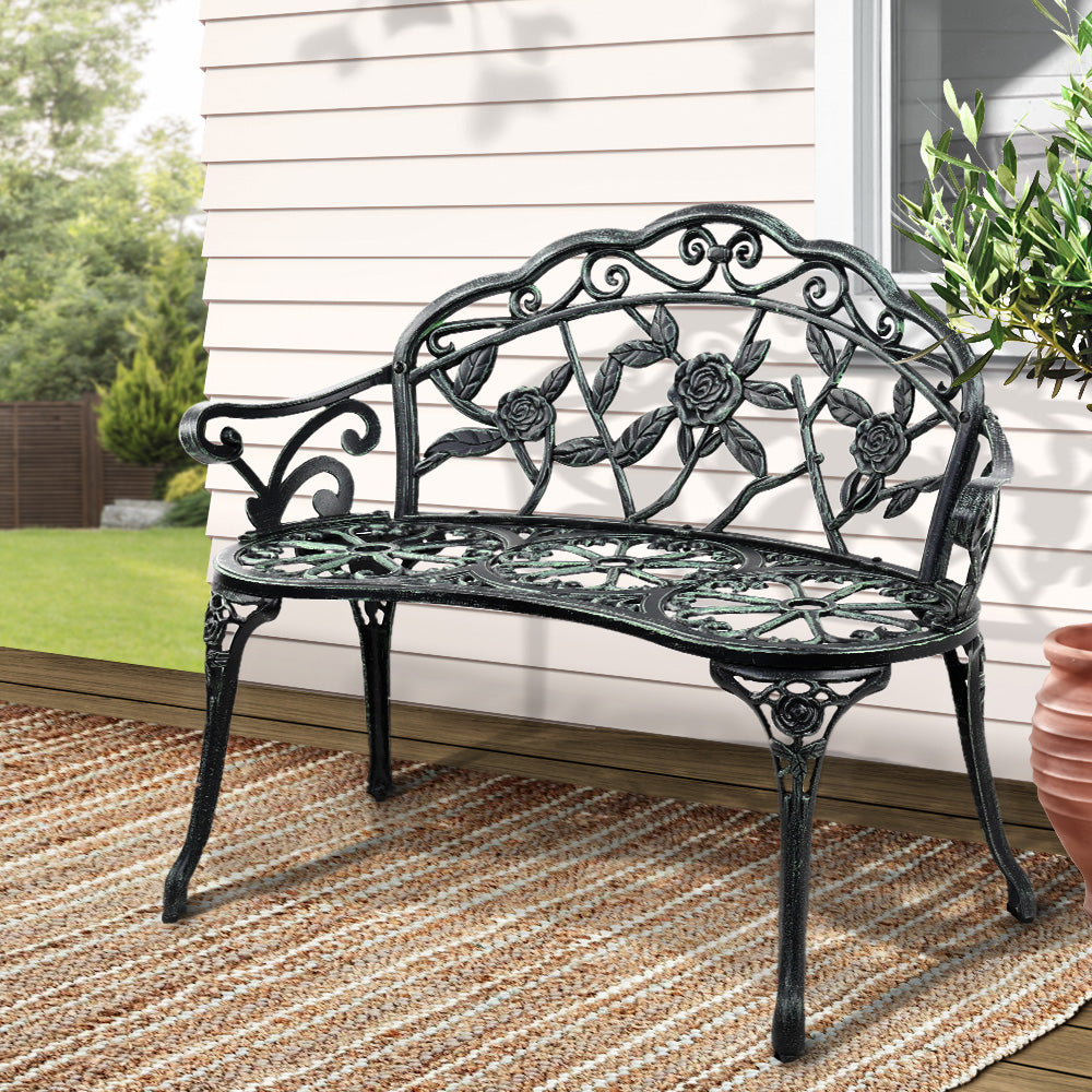 Marlook Outdoor Garden Bench Seat 100cm Cast Aluminium Patio Chair Vintage Green