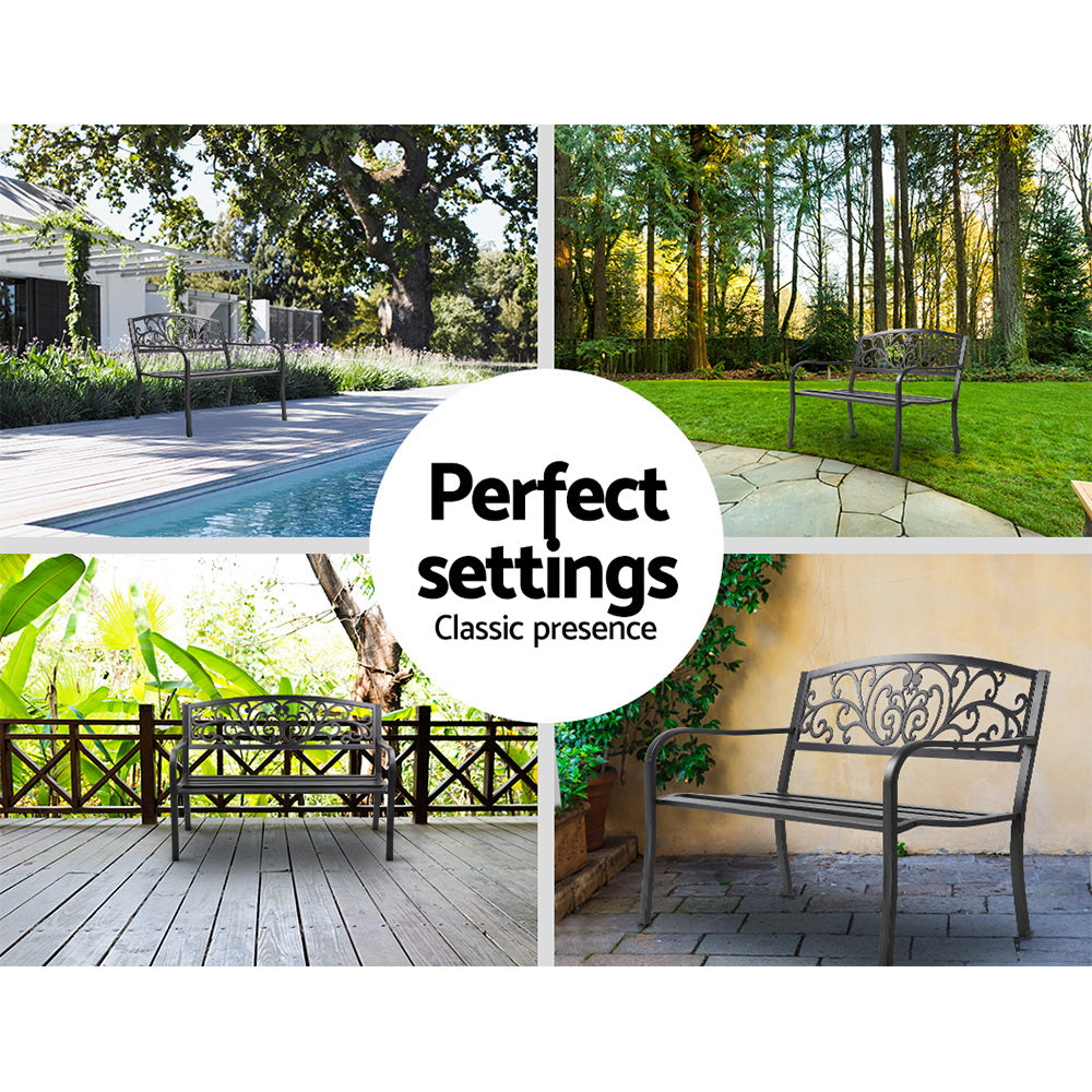 Marlook Outdoor Garden Bench Seat Steel Outdoor Furniture 3 Seater Park Black
