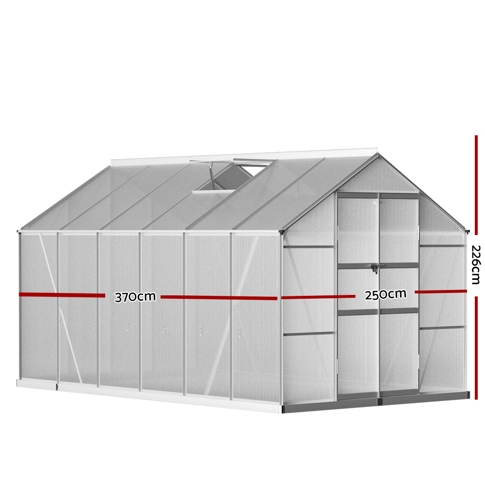 Marlook Greenhouse 3.7x2.5x2.26M Double Doors Aluminium Green House Garden Shed