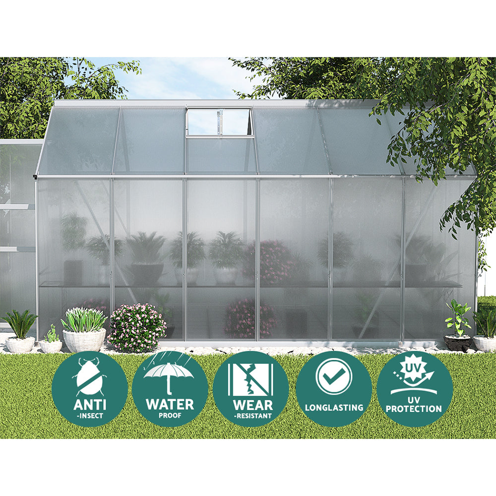 Marlook Greenhouse 3.7x2.5x2.26M Double Doors Aluminium Green House Garden Shed
