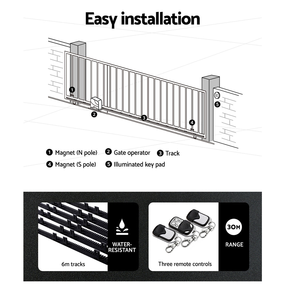Marlook Automatic Sliding Gate Opener Kit Electric 6M 600KG 3 Control Remotes