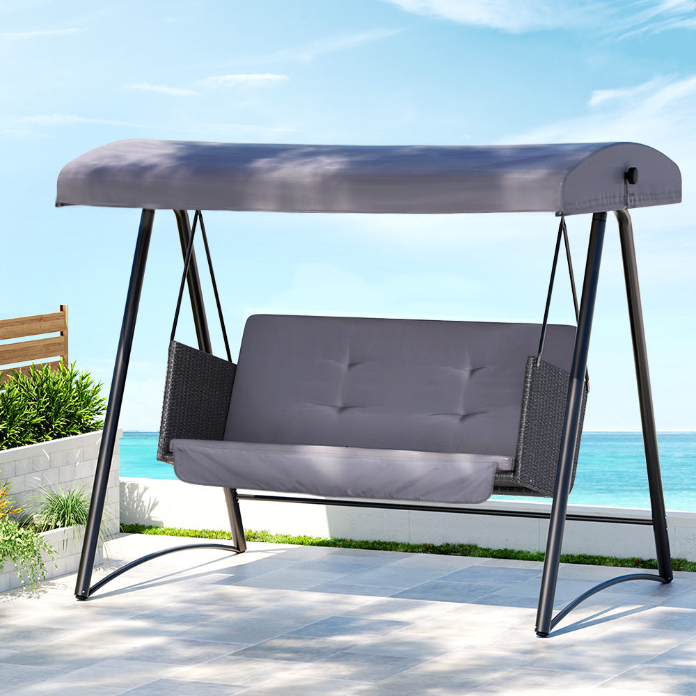 Marlook Outdoor Swing Chair Garden Bench Furniture Canopy 3 Seater Rattan Grey