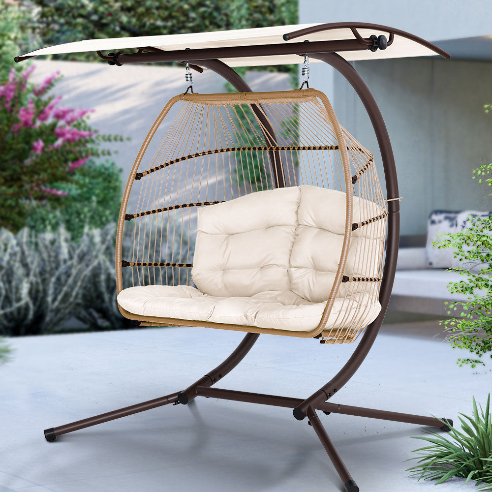 Marlook Outdoor Egg Swing Chair Wicker Furniture Pod Stand Canopy 2 Seater Latte