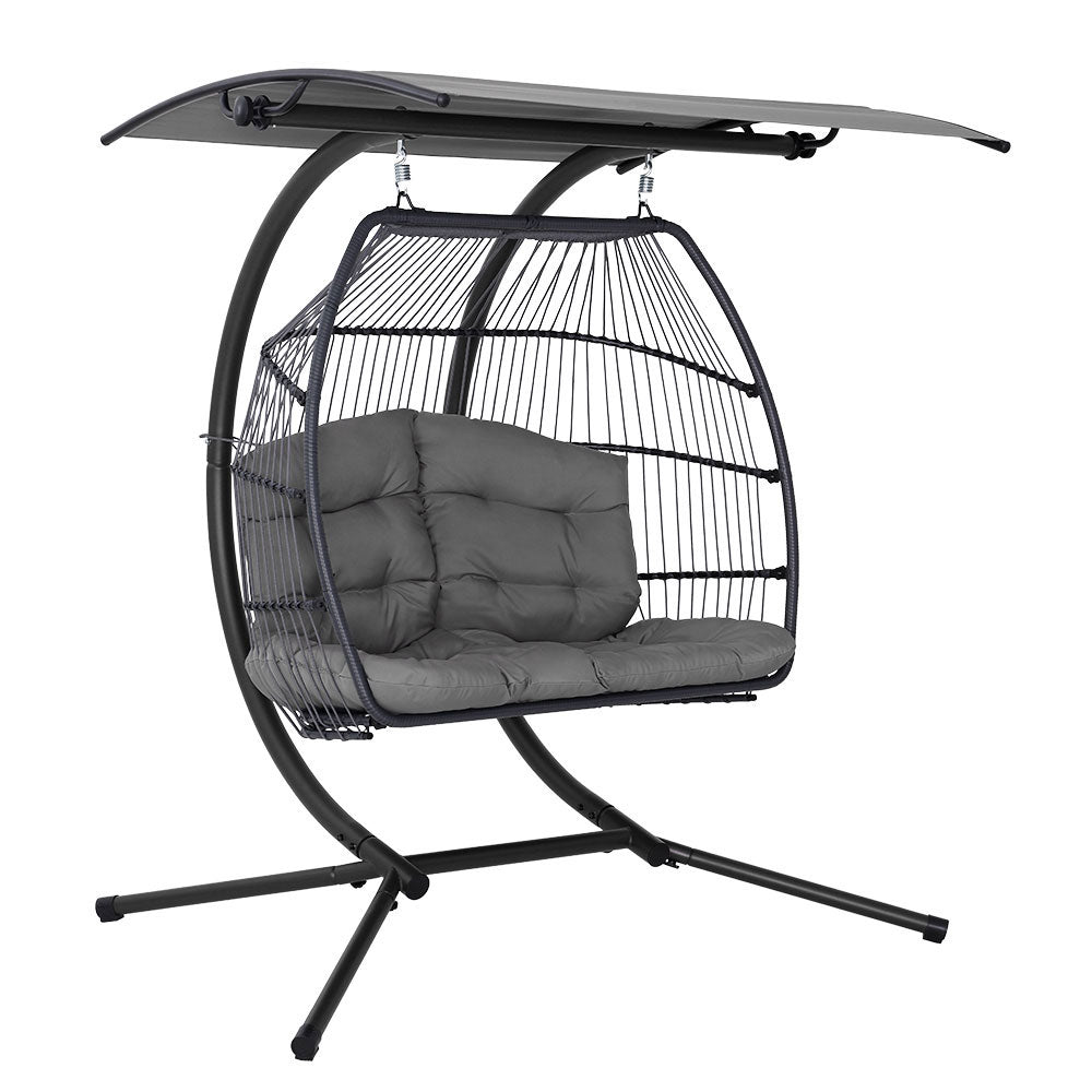 Marlook Outdoor Egg Swing Chair Wicker Furniture Pod Stand Canopy 2 Seater Grey