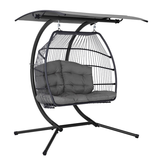 Marlook Outdoor Egg Swing Chair Wicker Furniture Pod Stand Canopy 2 Seater Grey