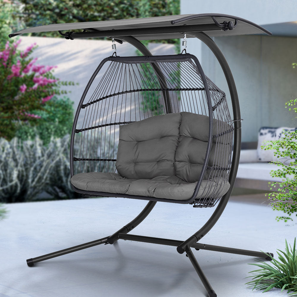 Marlook Outdoor Egg Swing Chair Wicker Furniture Pod Stand Canopy 2 Seater Grey