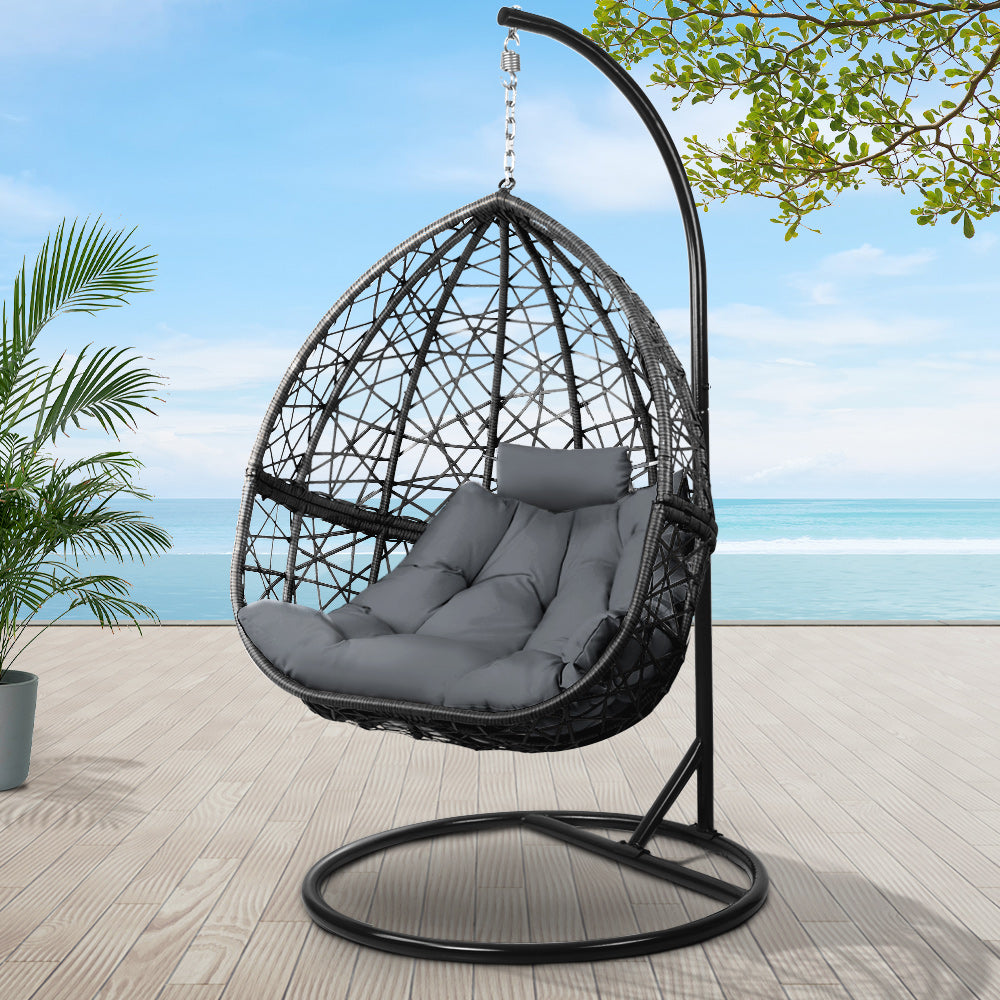 Marlook Outdoor Egg Swing Chair Wicker Rattan Furniture Pod Stand Cushion Grey