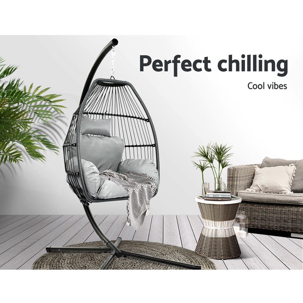 Marlook Outdoor Egg Swing Chair Wicker Rope Furniture Pod Stand Cushion Grey