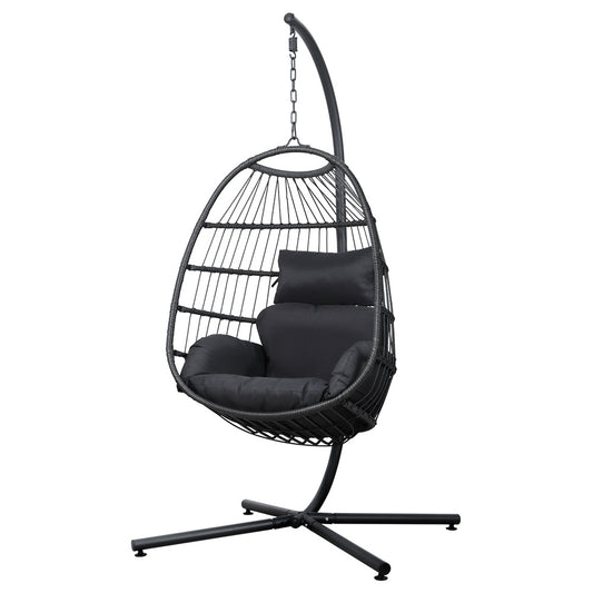 Marlook Outdoor Egg Swing Chair Wicker Rope Furniture Pod Stand Foldable Grey