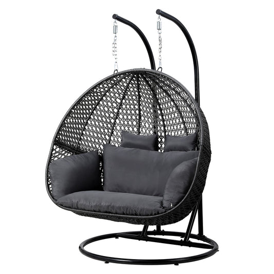 Marlook Outdoor Egg Swing Chair Hanging Pod Chair Wicker Cushion 2 Person Grey