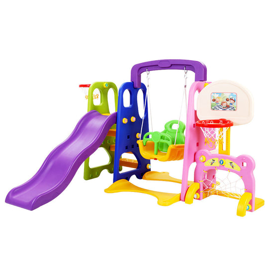 Marlook Kids Slide Swing Set Basketball Hoop Study Table Outdoor Toys 140cm Purple