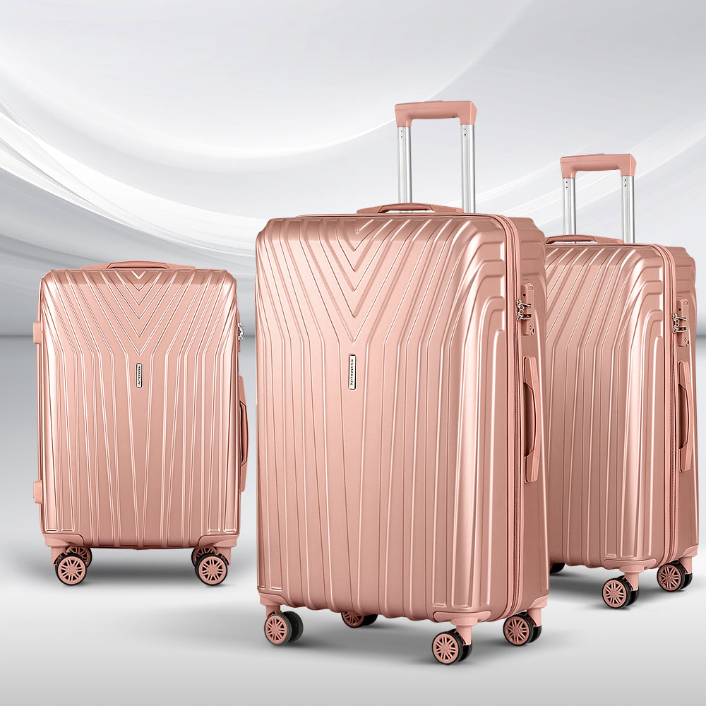 Marlook 3pc Luggage Trolley Set Suitcase Travel TSA Hard Case Carry On Pink Lightweight
