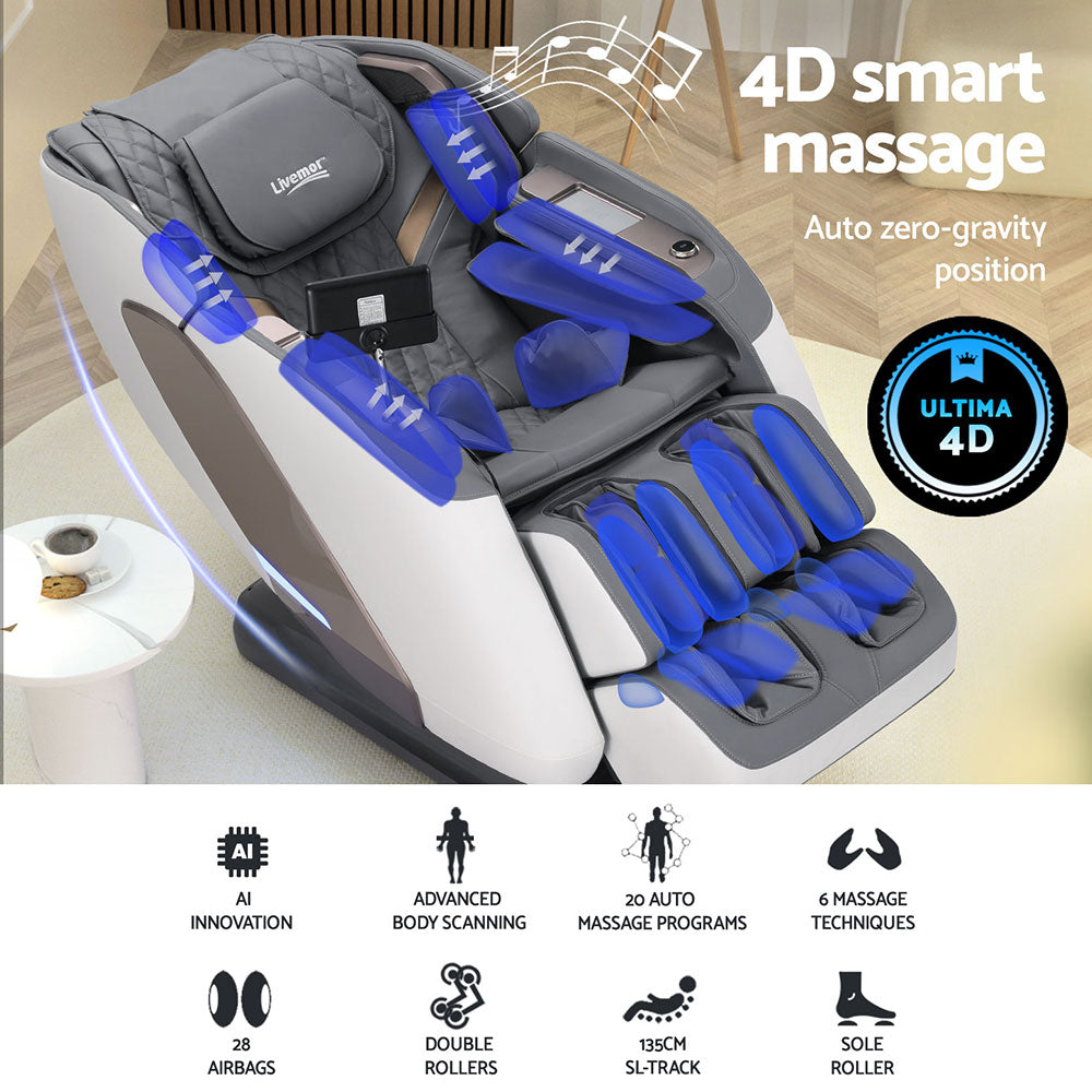 Marlook 4D Massage Chair Electric Recliner Double Core Mechanism Massager Melisa White