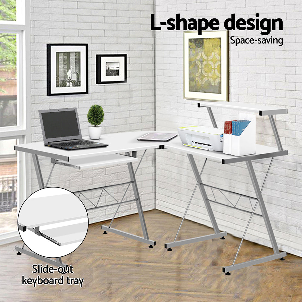 Marlook Computer Desk L-Shape Keyboard Tray Shelf White