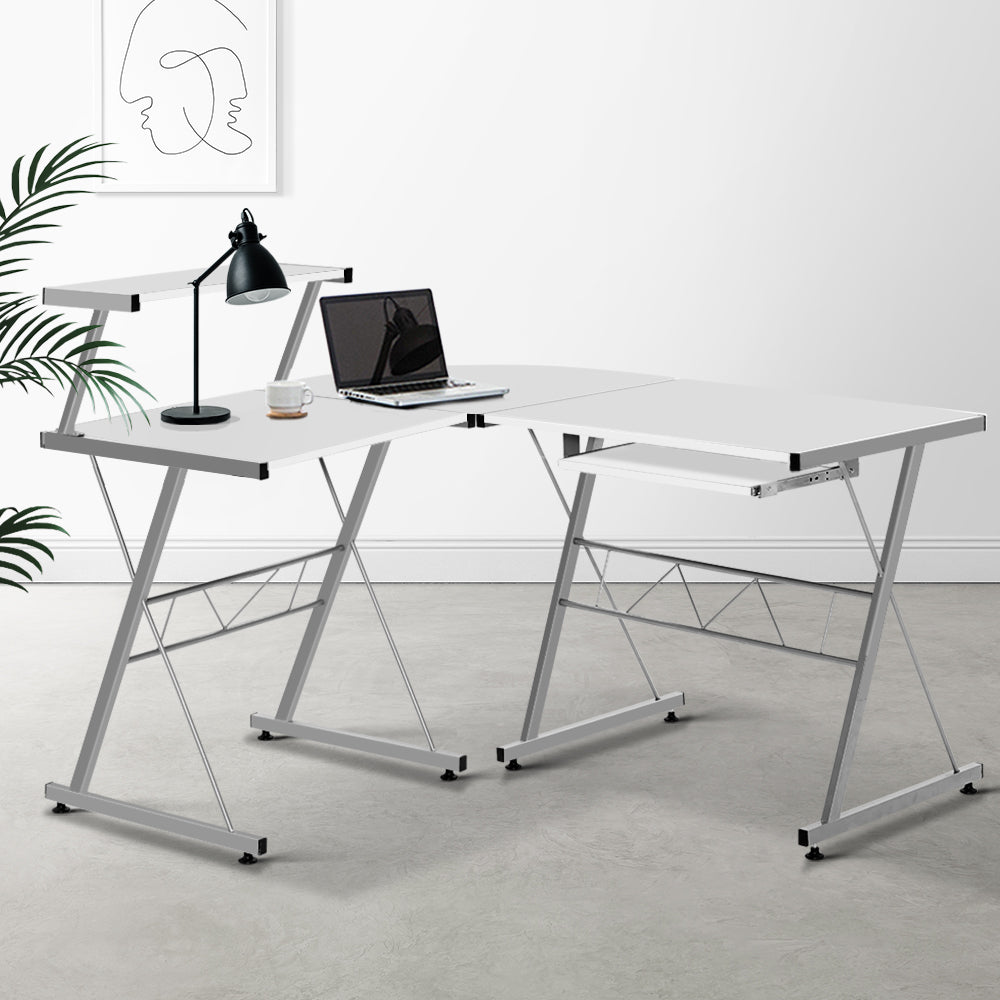 Marlook Computer Desk L-Shape Keyboard Tray Shelf White