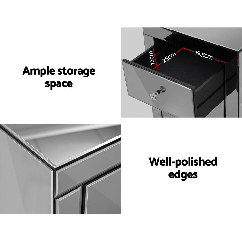 Marlook Bedside Table 3 Drawers Mirrored Glass - QUENN Grey