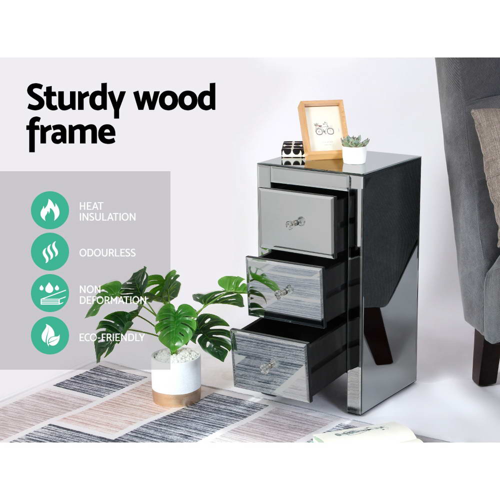 Marlook Bedside Table 3 Drawers Mirrored Glass - QUENN Grey