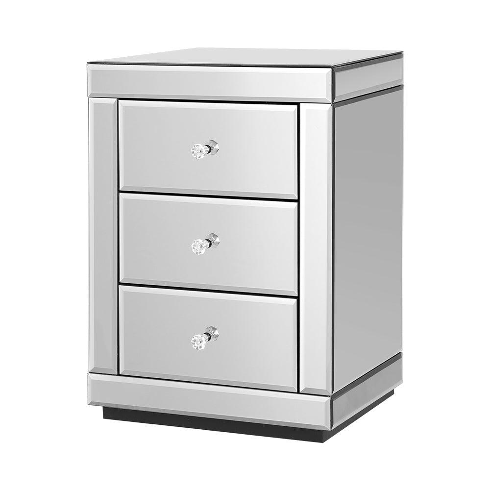 Marlook Bedside Table 3 Drawers Mirrored - PRESIA Silver