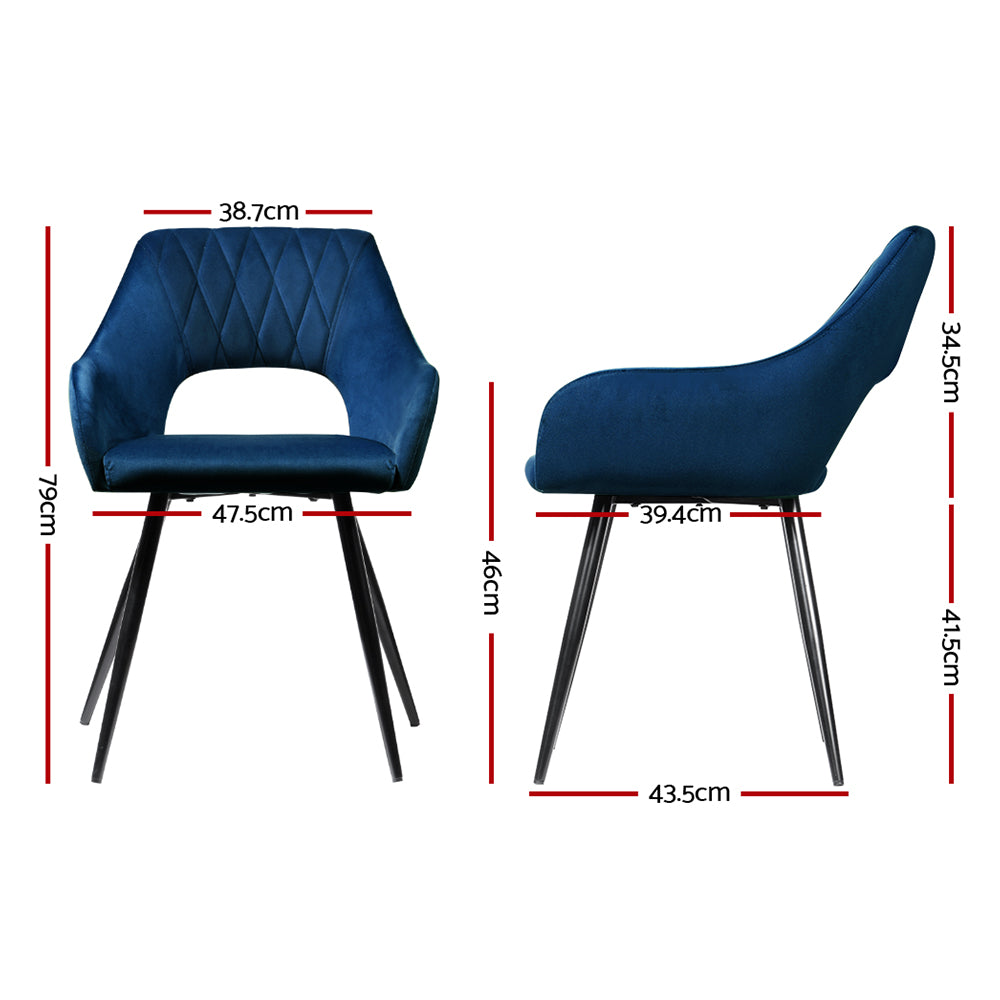 Marlook Dining Chairs Set of 2 Velvet Hollow Armchair Blue