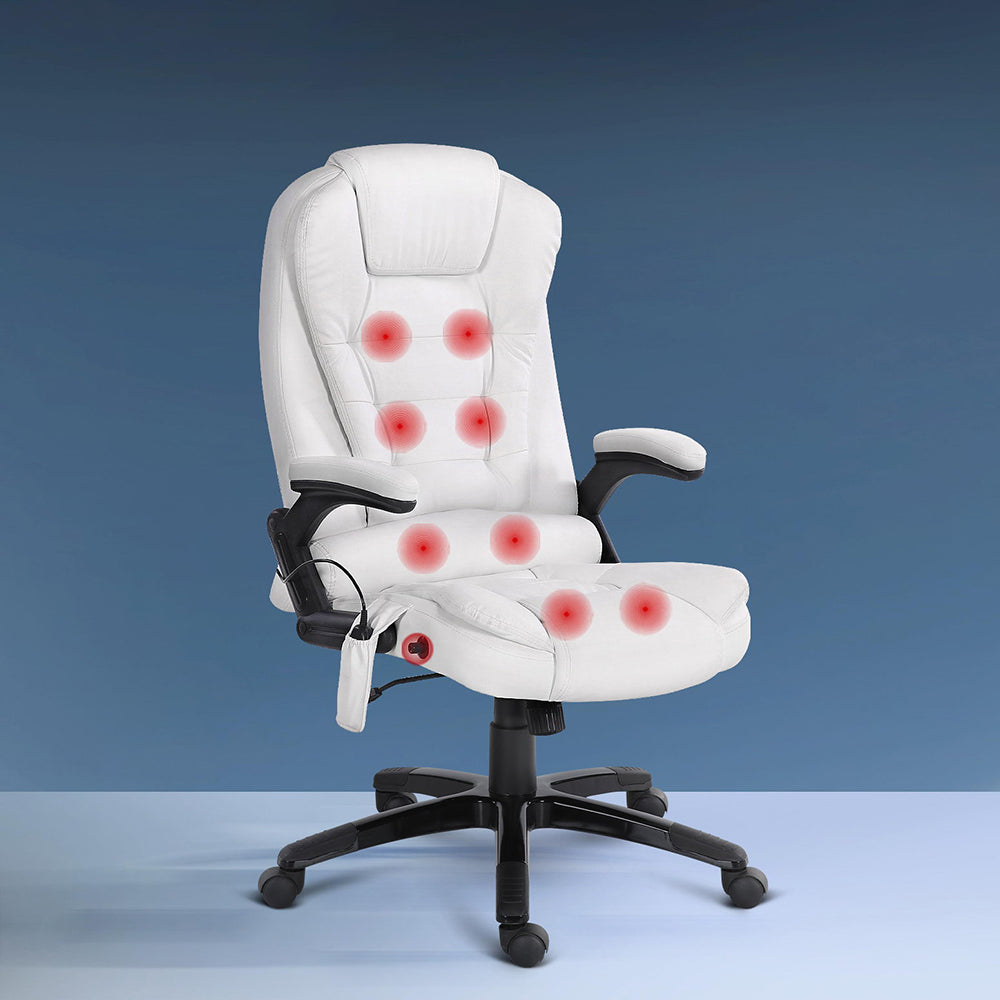Marlook 8 Point Massage Office Chair Heated Seat Recliner PU White