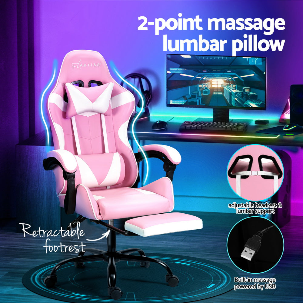 Marlook 2 Point Massage Gaming Office Chair Footrest Pink