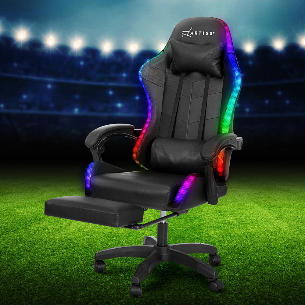 Marlook 6 Point Massage Gaming Office Chair 7 LED Footrest Black