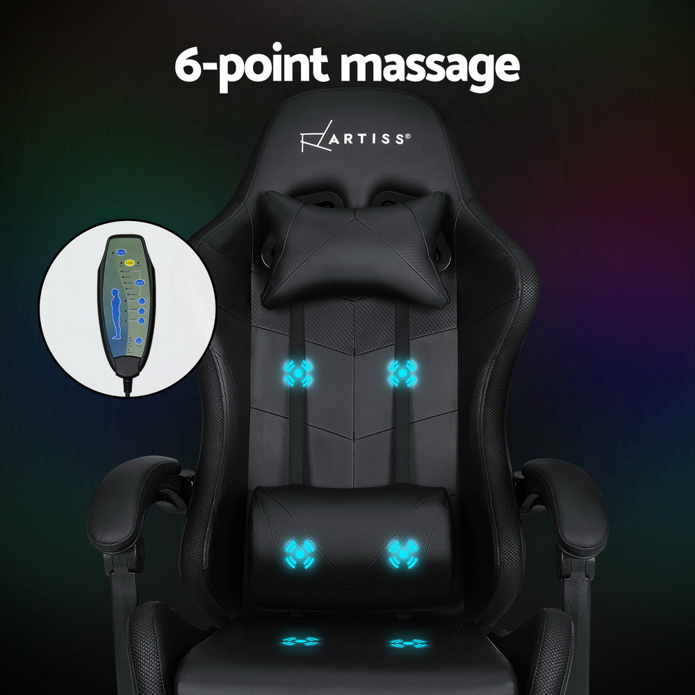 Marlook 6 Point Massage Gaming Office Chair 7 LED Footrest Black