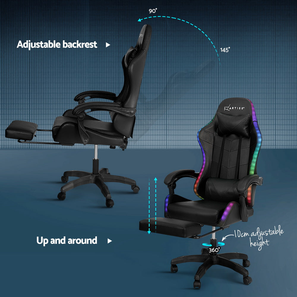 Marlook 6 Point Massage Gaming Office Chair 7 LED Footrest Black