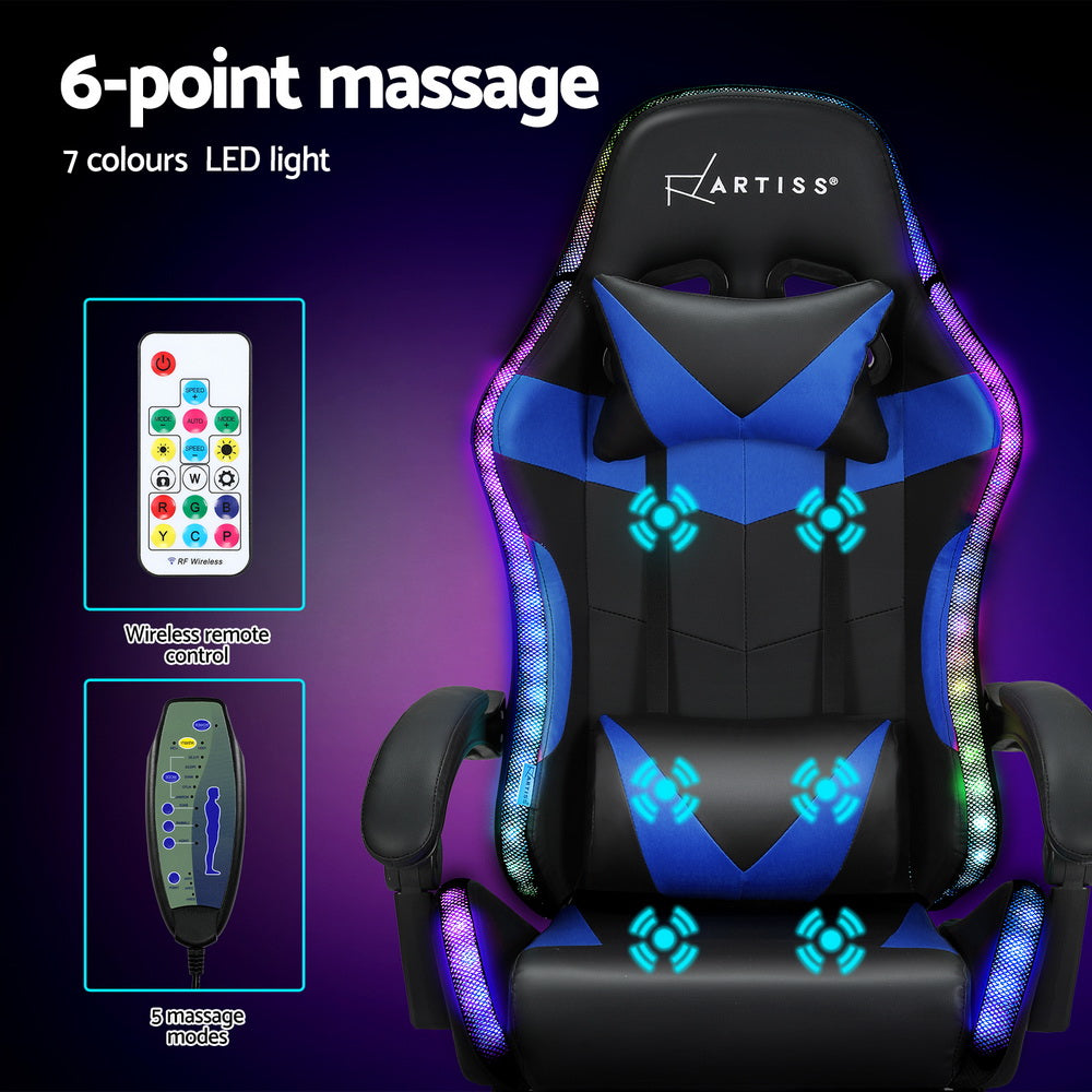 Marlook 6 Point Massage Gaming Office Chair 7 LED Footrest Blue