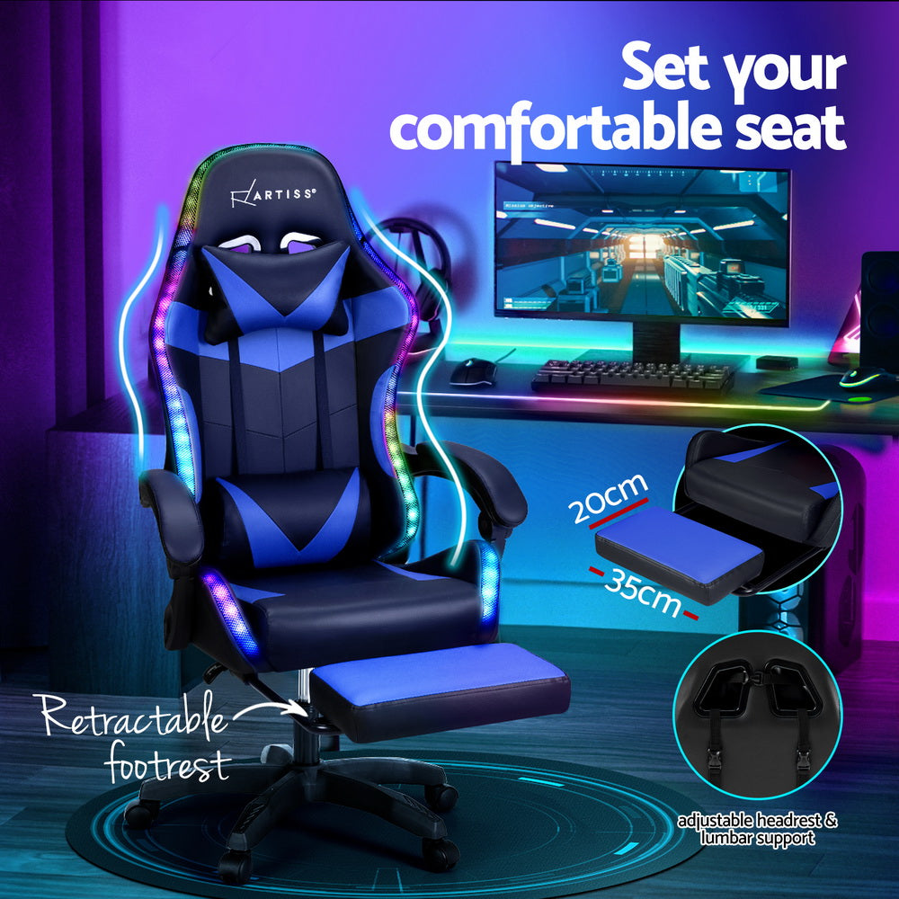 Marlook 6 Point Massage Gaming Office Chair 7 LED Footrest Blue