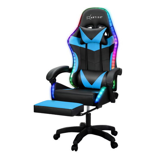 Marlook 6 Point Massage Gaming Office Chair 7 LED Footrest Cyan Blue