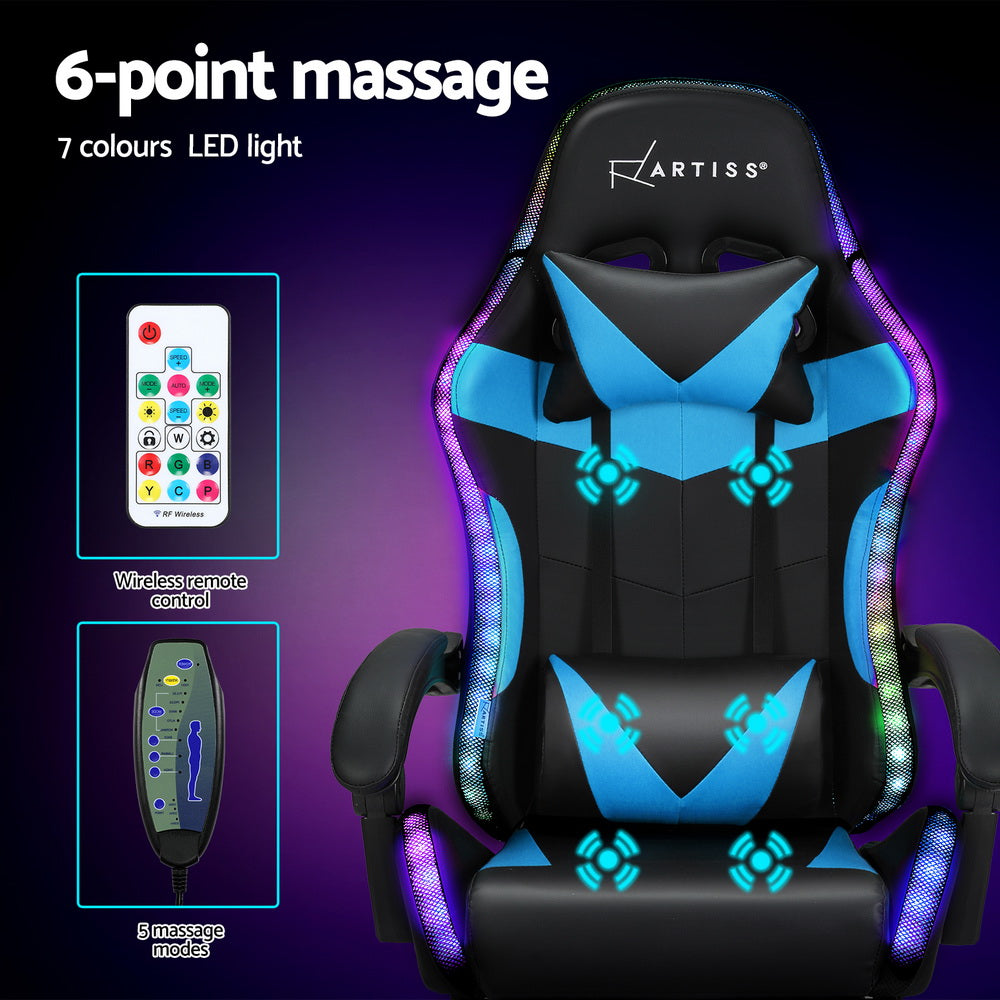 Marlook 6 Point Massage Gaming Office Chair 7 LED Footrest Cyan Blue