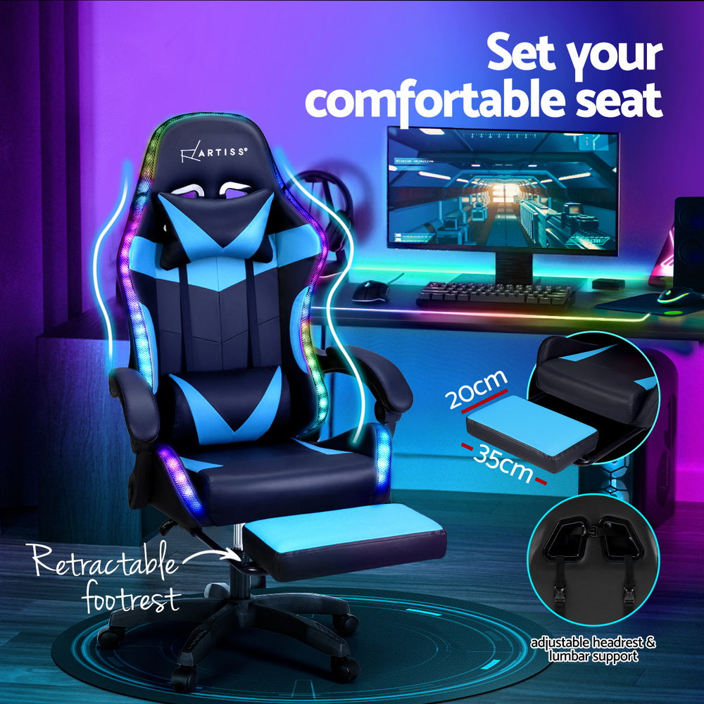 Marlook 6 Point Massage Gaming Office Chair 7 LED Footrest Cyan Blue