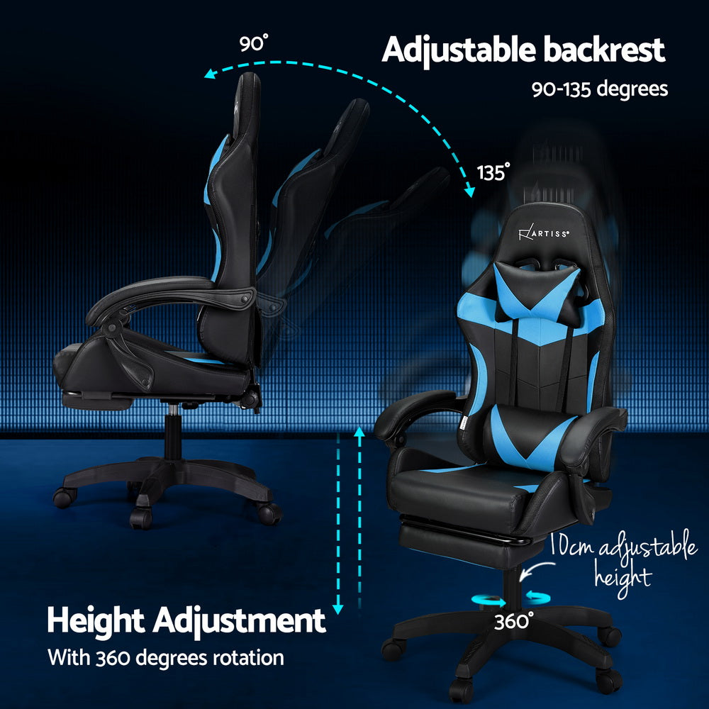 Marlook 6 Point Massage Gaming Office Chair 7 LED Footrest Cyan Blue