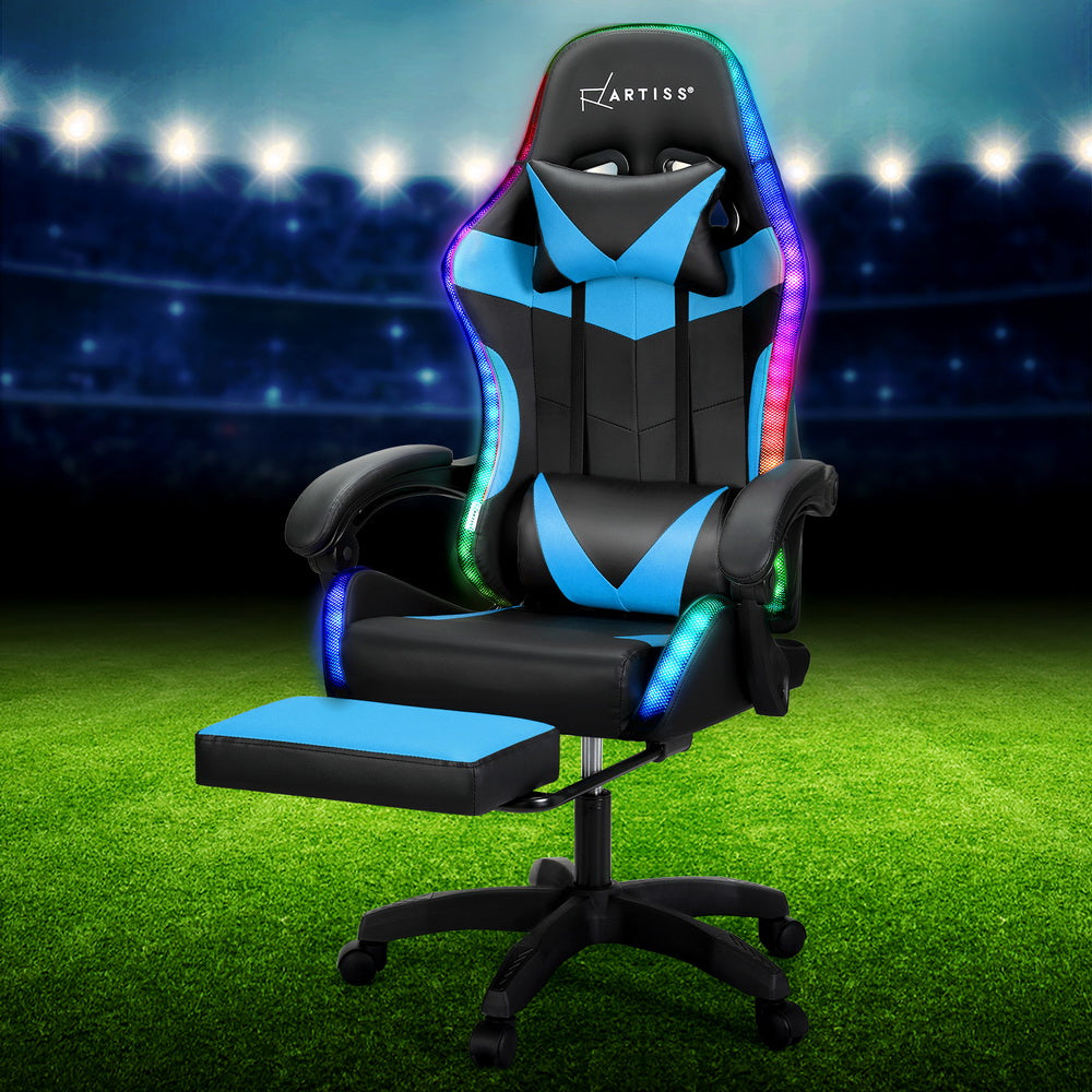 Marlook 6 Point Massage Gaming Office Chair 7 LED Footrest Cyan Blue