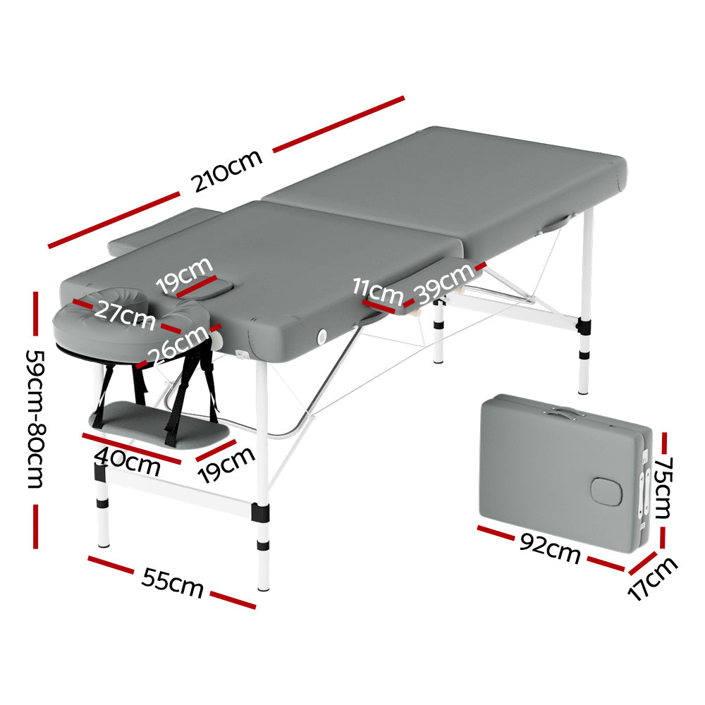 Marlook Massage Table 55cm Portable 2 Fold Aluminium Beauty Bed Grey
