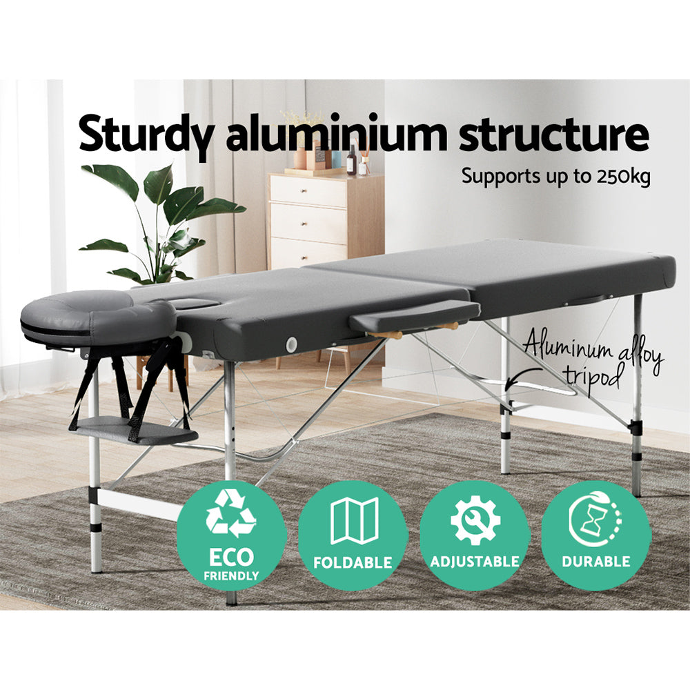 Marlook Massage Table 55cm Portable 2 Fold Aluminium Beauty Bed Grey
