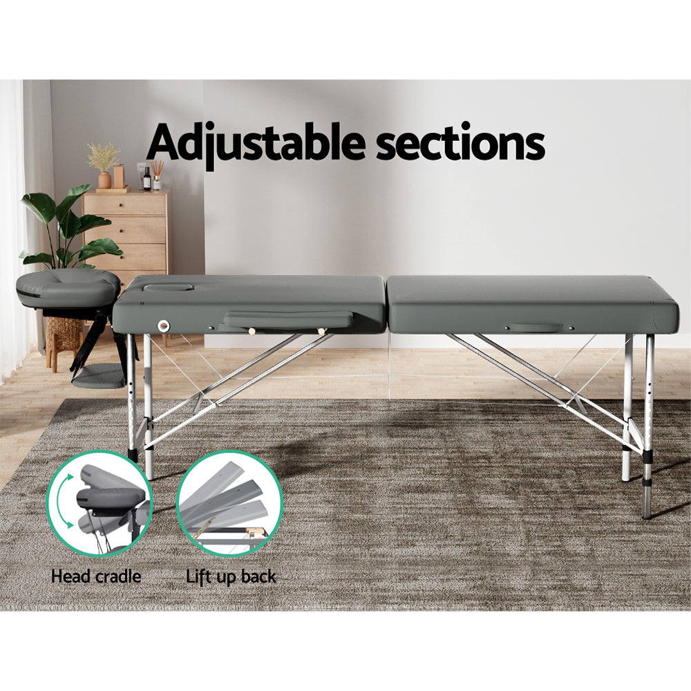 Marlook Massage Table 55cm Portable 2 Fold Aluminium Beauty Bed Grey