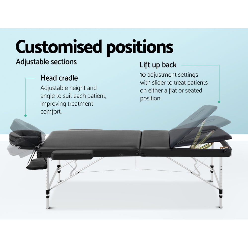 Marlook Massage Table 80cm Portable 3 Fold Aluminium Beauty Bed Black