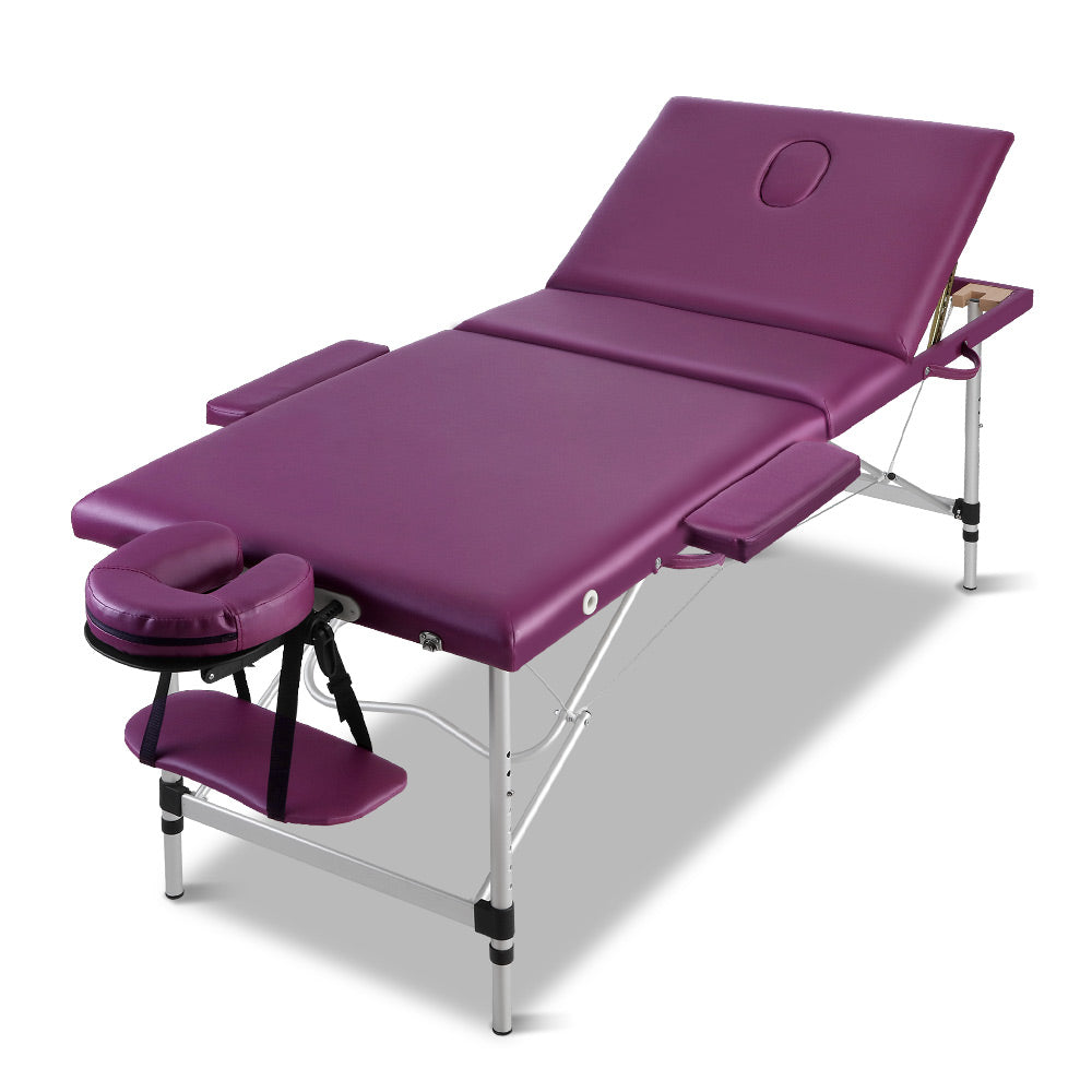 Marlook Massage Table 75cm Portable 3 Fold Aluminium Beauty Bed Violet