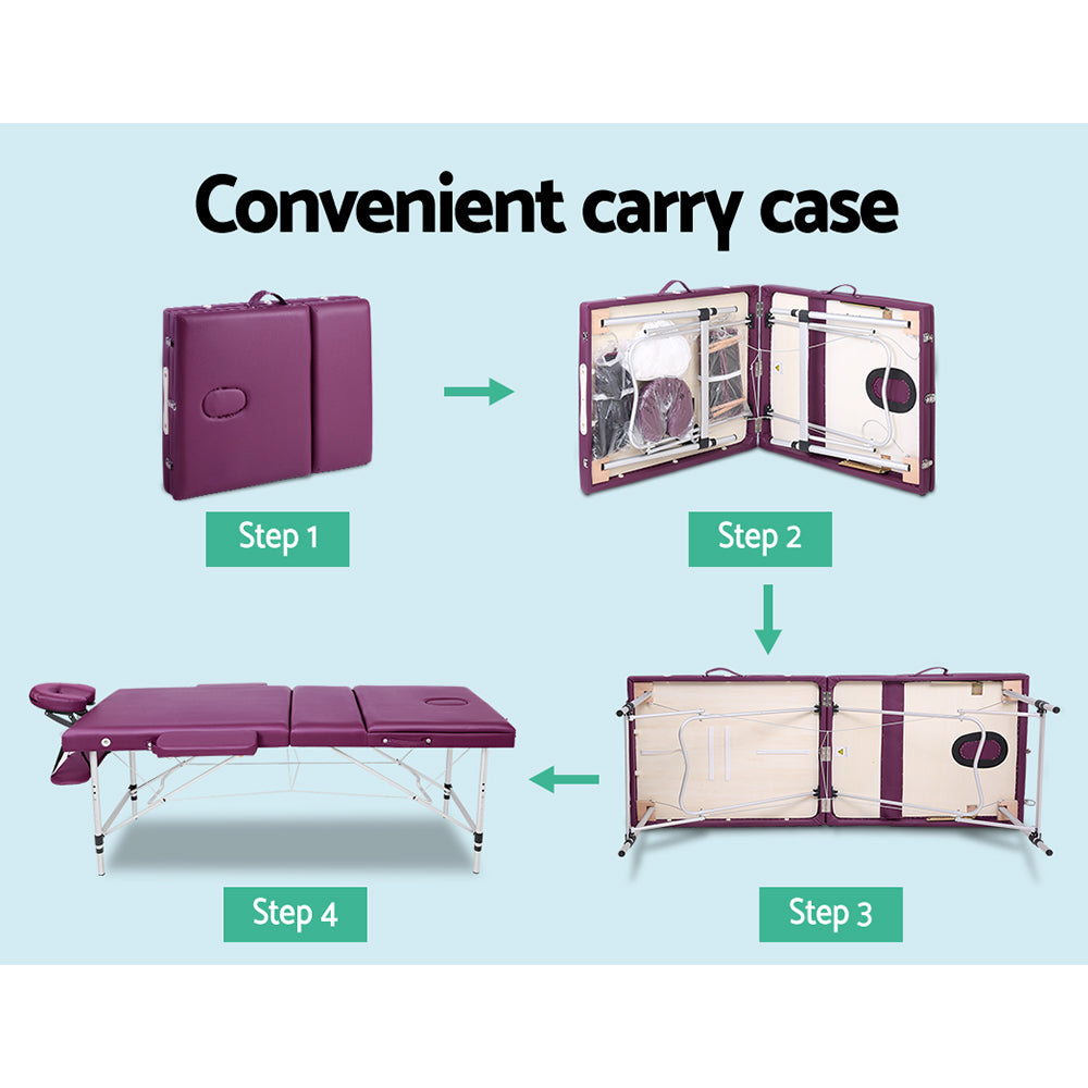 Marlook Massage Table 75cm Portable 3 Fold Aluminium Beauty Bed Violet