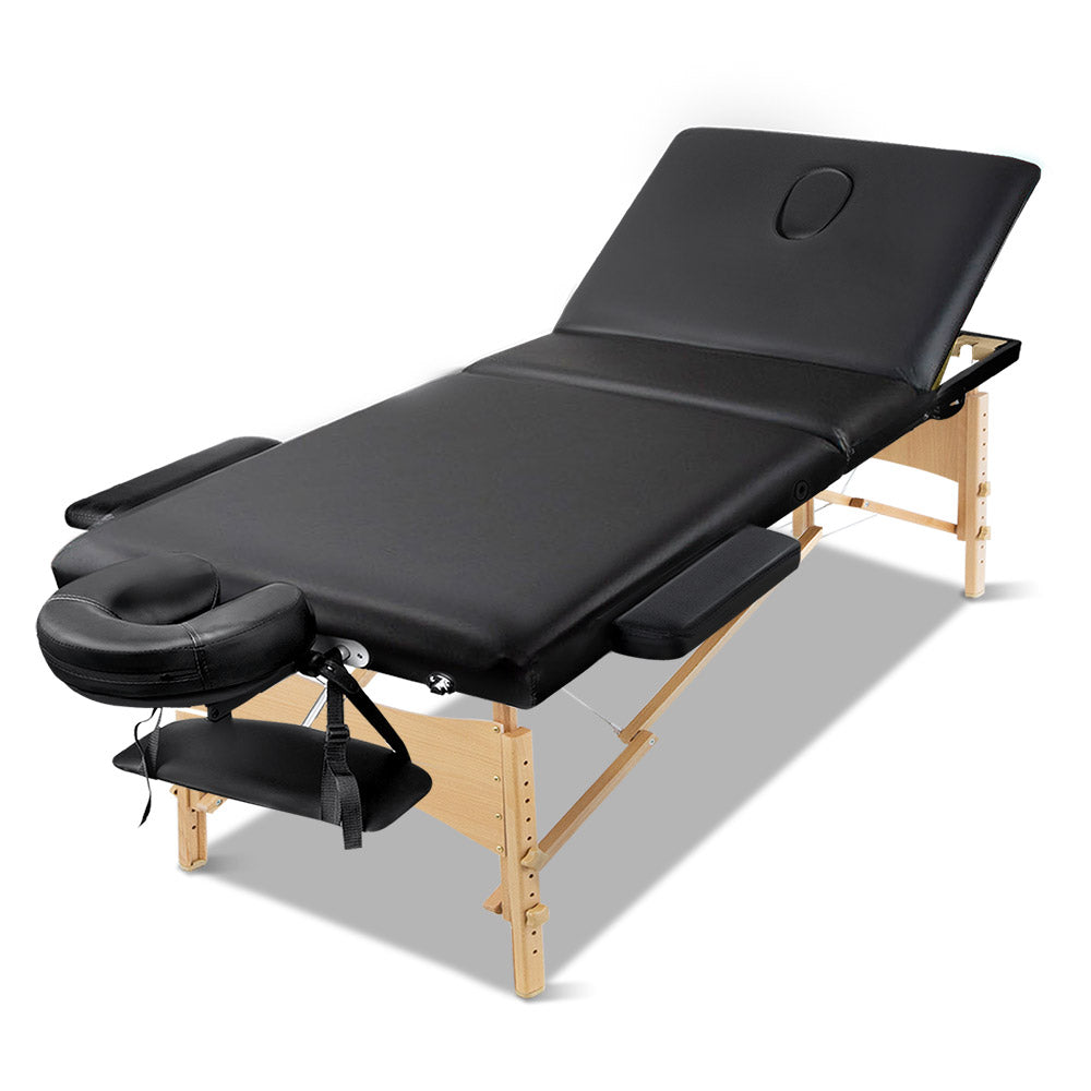 Marlook Massage Table 60cm Portable 3 Fold Wooden Beauty Bed Black