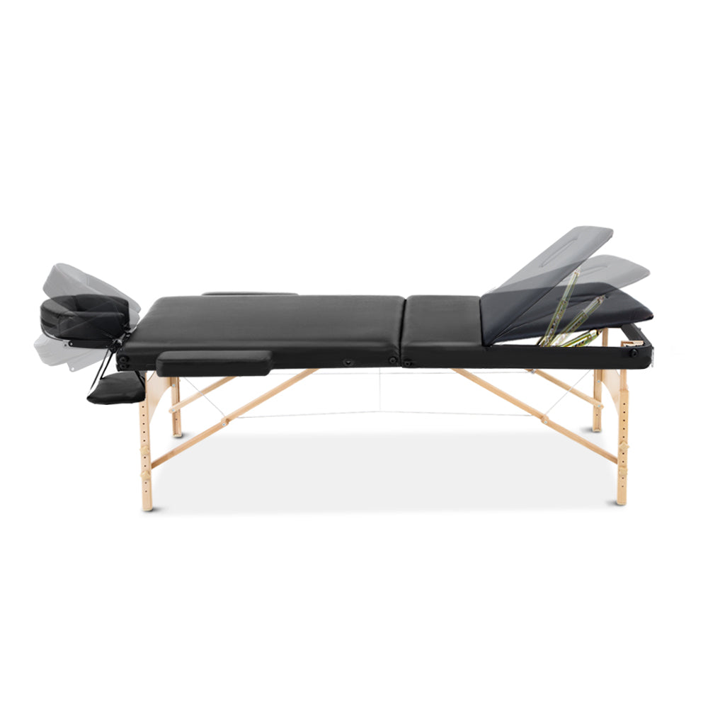 Marlook Massage Table 60cm Portable 3 Fold Wooden Beauty Bed Black