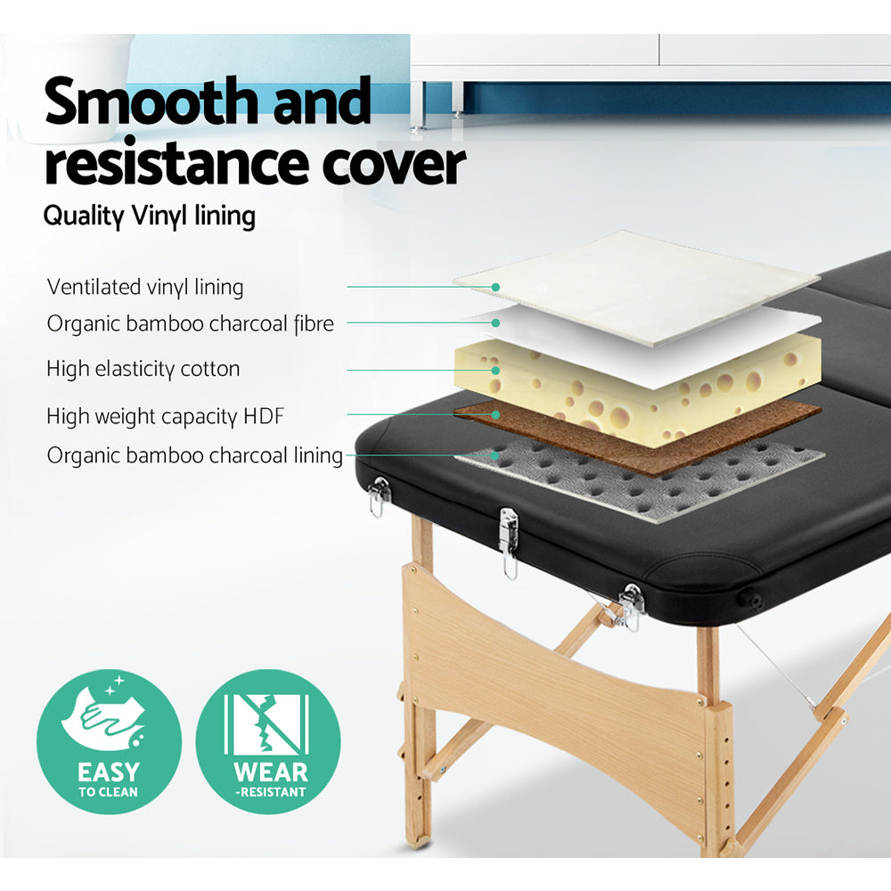 Marlook Massage Table 60cm Portable 3 Fold Wooden Beauty Bed Black