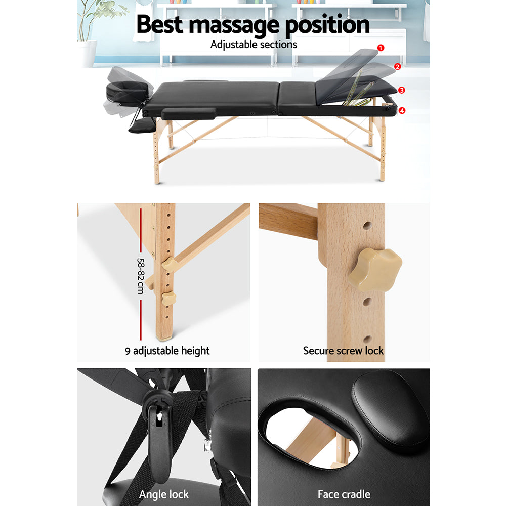 Marlook Massage Table 60cm Portable 3 Fold Wooden Beauty Bed Black