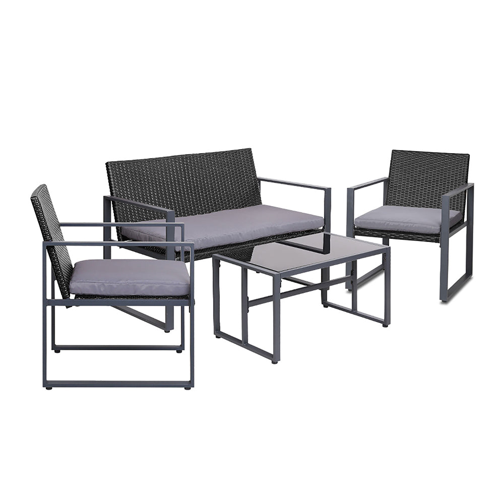 Marlook 4 PCS Outdoor Sofa Set Rattan Furniture Glass Top Table Chairs Black