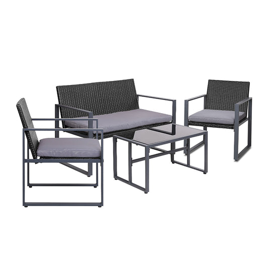 Marlook 4 PCS Outdoor Sofa Set Rattan Furniture Glass Top Table Chairs Black