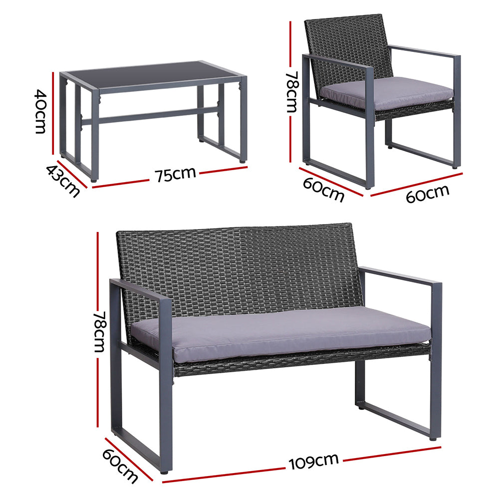 Marlook 4 PCS Outdoor Sofa Set Rattan Furniture Glass Top Table Chairs Black